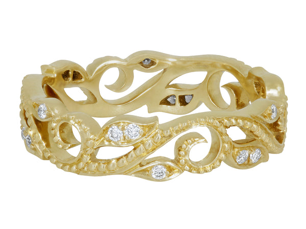 18K Yellow Gold Pavé Set Diamond Leaves and Vines Ring