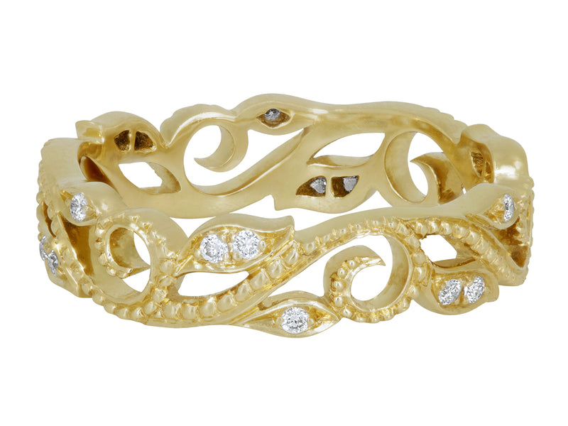 18K Yellow Gold Pavé Set Diamond Leaves and Vines Ring