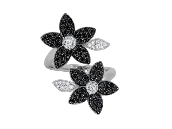 18K White Gold Pavé Set Black and White Diamond Flower Ring