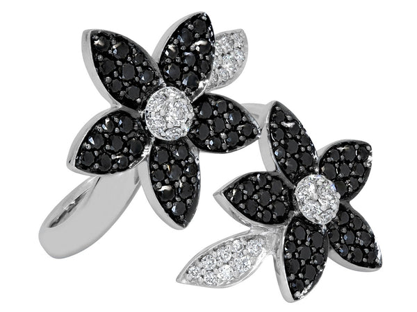 18K White Gold Pavé Set Black and White Diamond Flower Ring