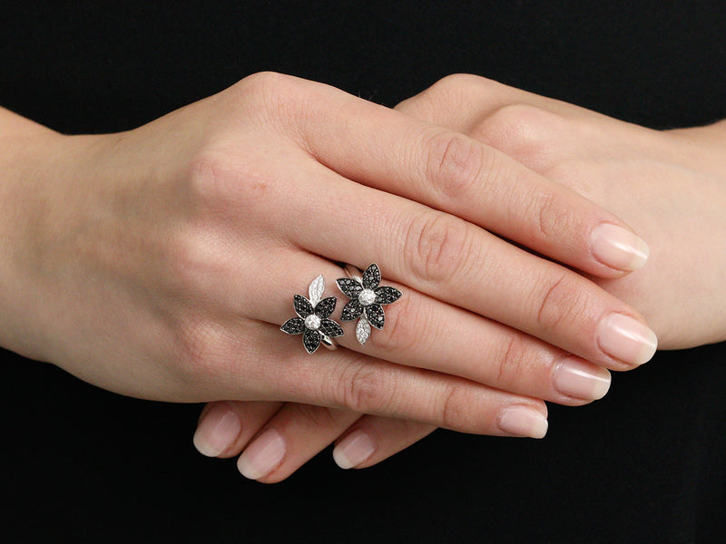 18K White Gold Pavé Set Black and White Diamond Flower Ring
