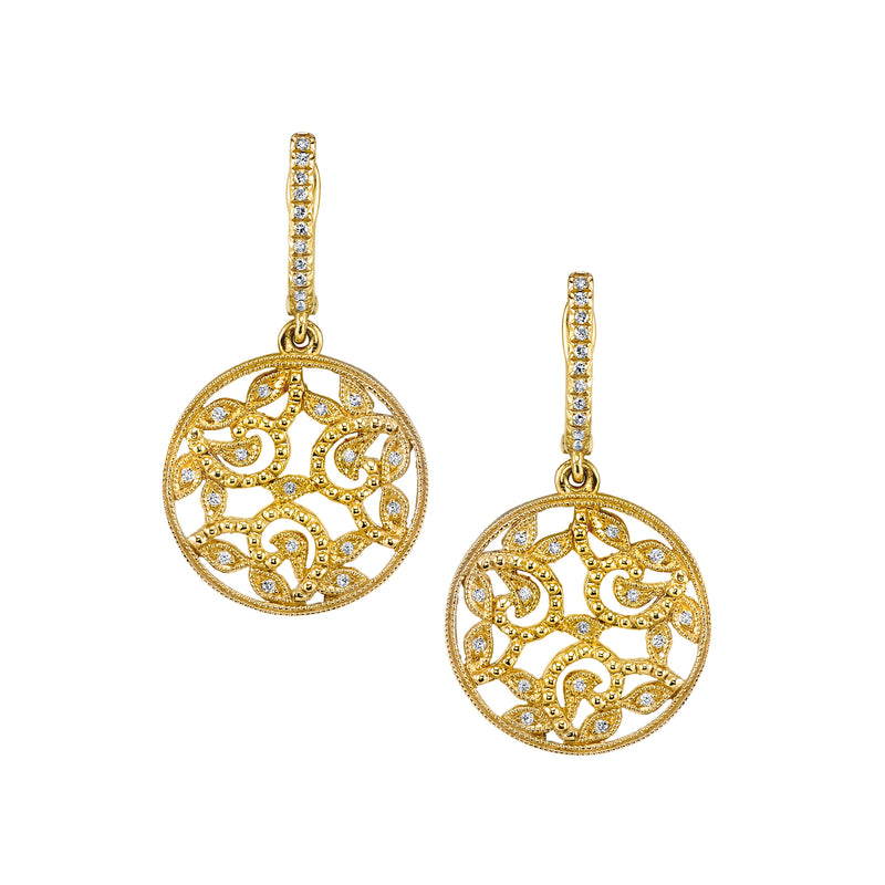 18K Yellow Gold Leaves and Vines Circle Diamond Earrings