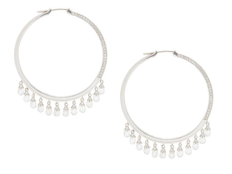 18K White Gold Diamond Hoop Earrings and White Sapphire Briolettes