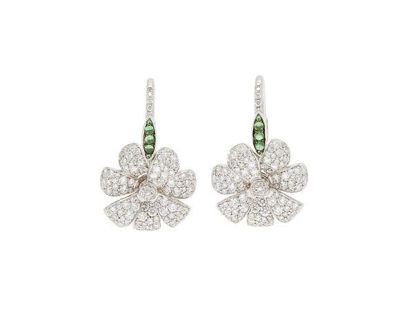 18K White Gold Pave Diamond And Tsavorite Flower Earrings