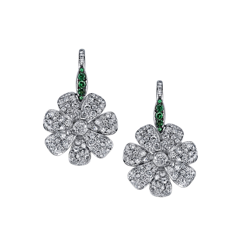 18K White Gold Pave Diamond And Tsavorite Flower Earrings