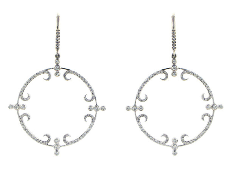 18K White Gold Circle Diamond Dangling Earrings