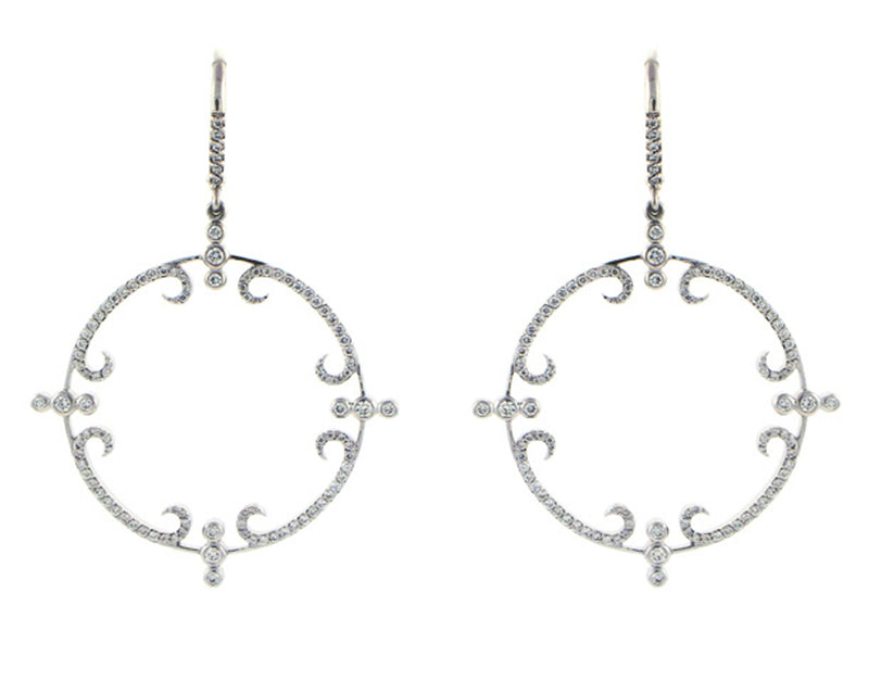 18K White Gold Circle Diamond Dangling Earrings