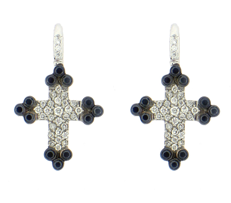 18K White Gold Black and White Cross Earrings