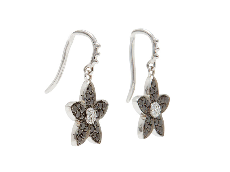 Dangling Black Diamond Flower Earrings with a White Diamond Center