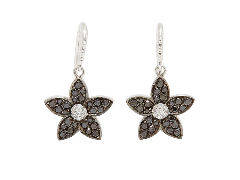 Dangling Black Diamond Flower Earrings with a White Diamond Center
