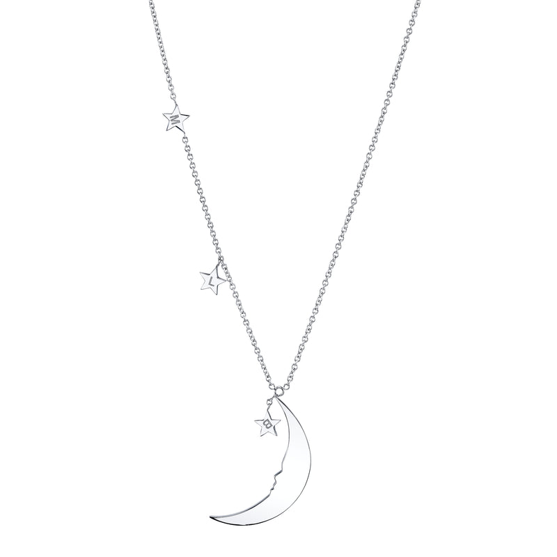 18K White Gold and Fancy Raw Diamond Moon and 3 Star Necklace