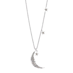 18K White Gold and Fancy Raw Diamond Moon and 3 Star Necklace