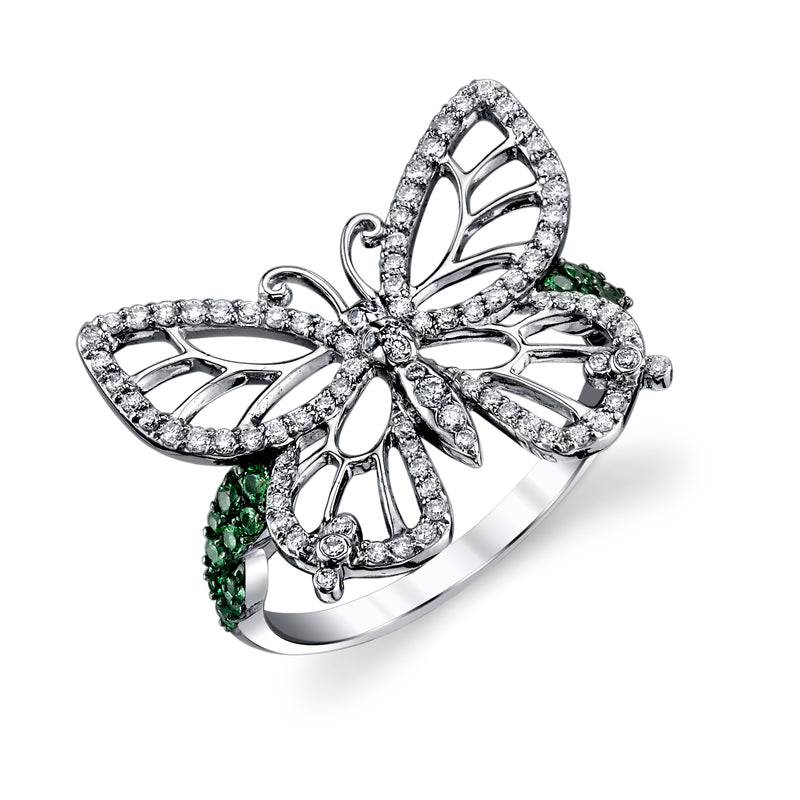 18K White Gold Diamond Butterfly Ring and Tsavorite Leaves