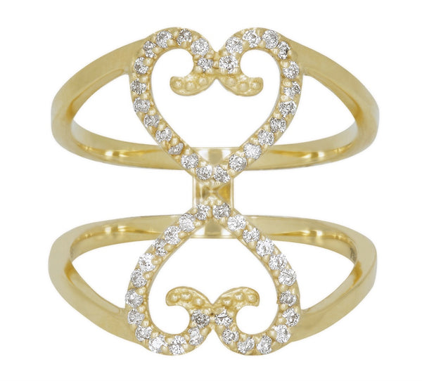 18K Yellow Gold Diamond Double 2 Hearts Together Ring