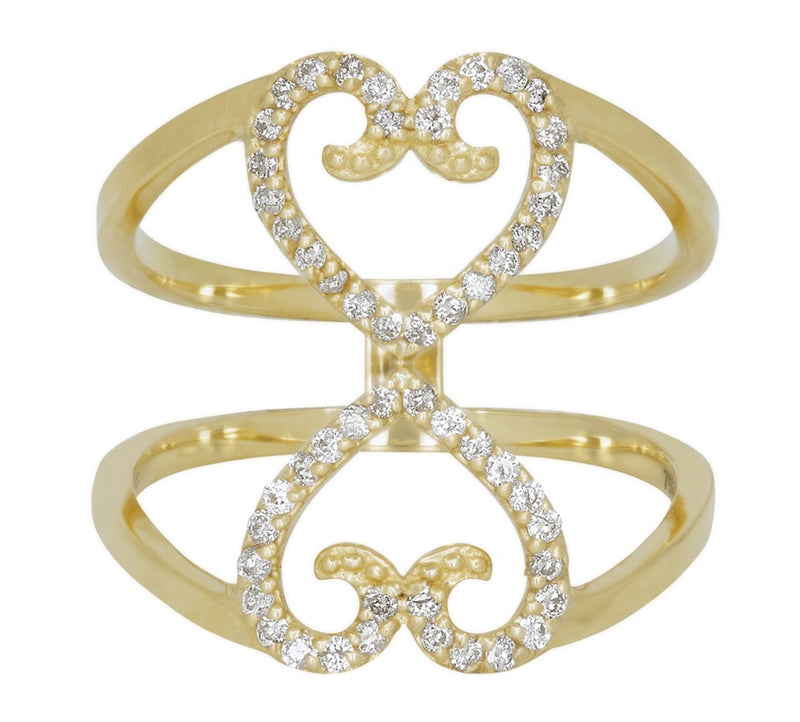 18K Yellow Gold Diamond Double 2 Hearts Together Ring