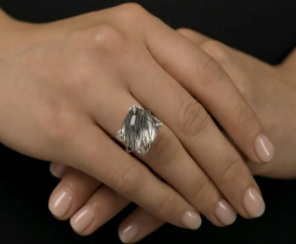 Rutilated Quartz, Onyx and Diamond Ring