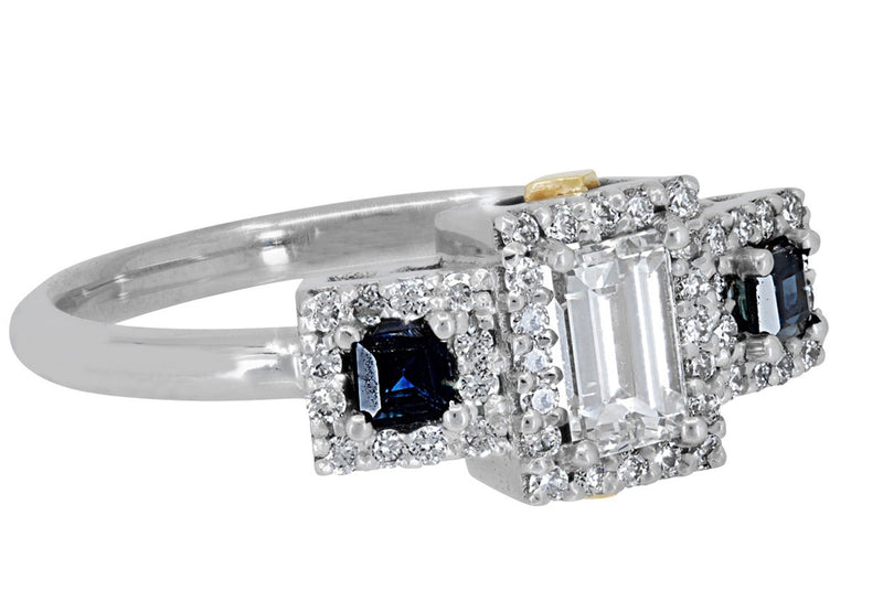 18 K White Gold Step-cut Diamond and Blue Sapphire Engagement Ring