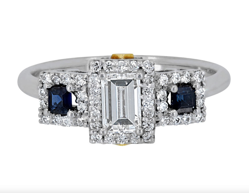 18 K White Gold Step-cut Diamond and Blue Sapphire Engagement Ring