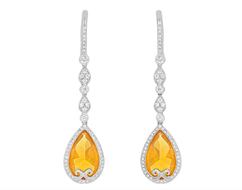 18K White Gold and Orange Opal Diamond Drop Earrings