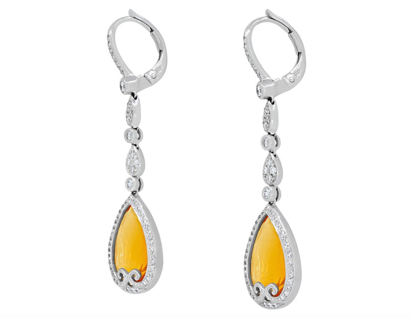 18K White Gold and Orange Opal Diamond Drop Earrings