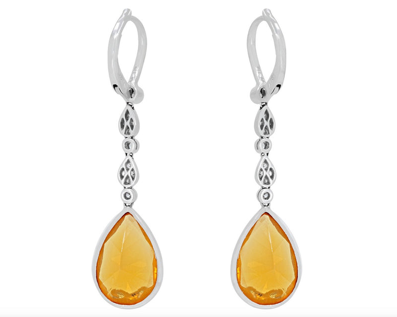 18K White Gold and Orange Opal Diamond Drop Earrings