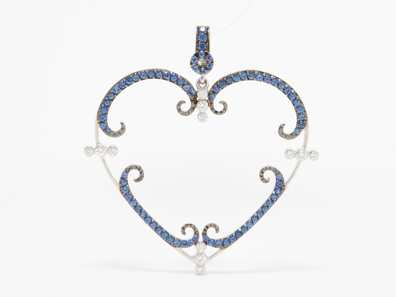 Large Blue Sapphire and Diamond "Filigreen" Heart Pendant