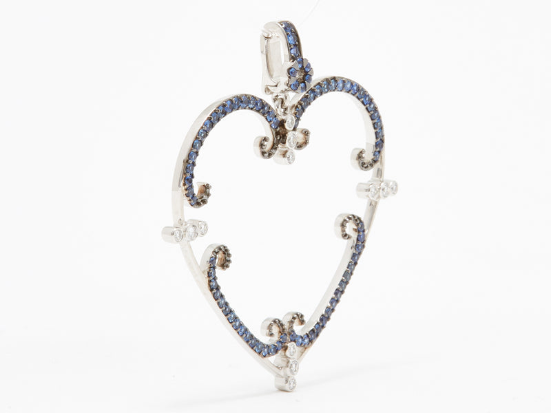 Large Blue Sapphire and Diamond "Filigreen" Heart Pendant