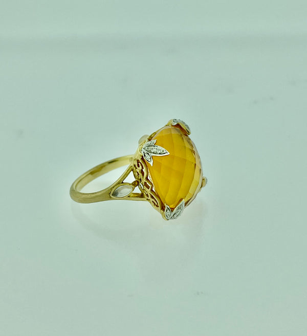 18K Yellow Gold Citrine, Moonstone and Diamond Ring