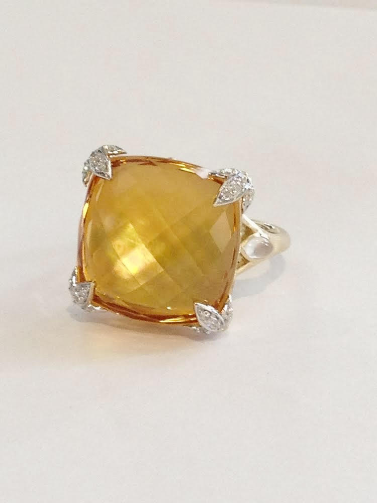 18K Yellow Gold Citrine, Moonstone and Diamond Ring